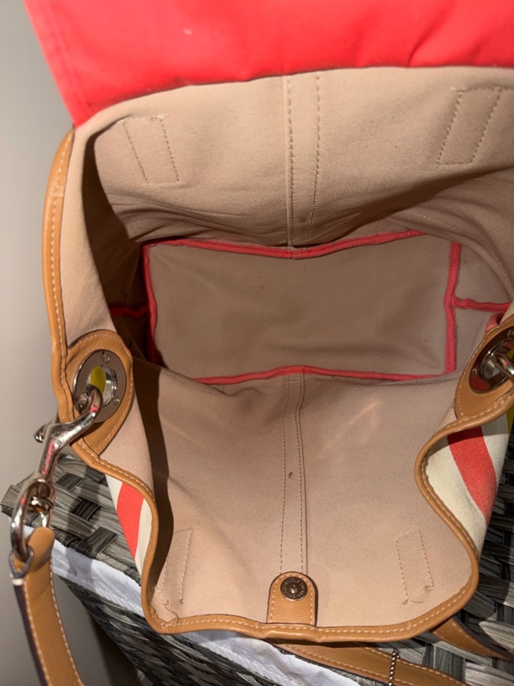 Coach Striped Canvas Tote in Coral, Mustard, Navy & Pink with Tan Leather F30041 - Picture 3 of 16